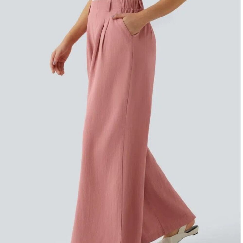 Halara Pocket Wide Leg Flowy Solid Palazzo Casual Linen-Feel Pants Small
